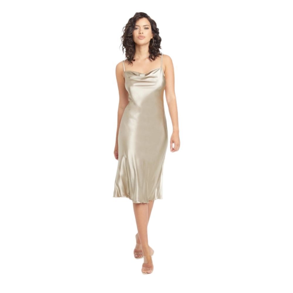 BEBE bias slip dress cowl neck spaghetti strap satin‎ taupe midi M